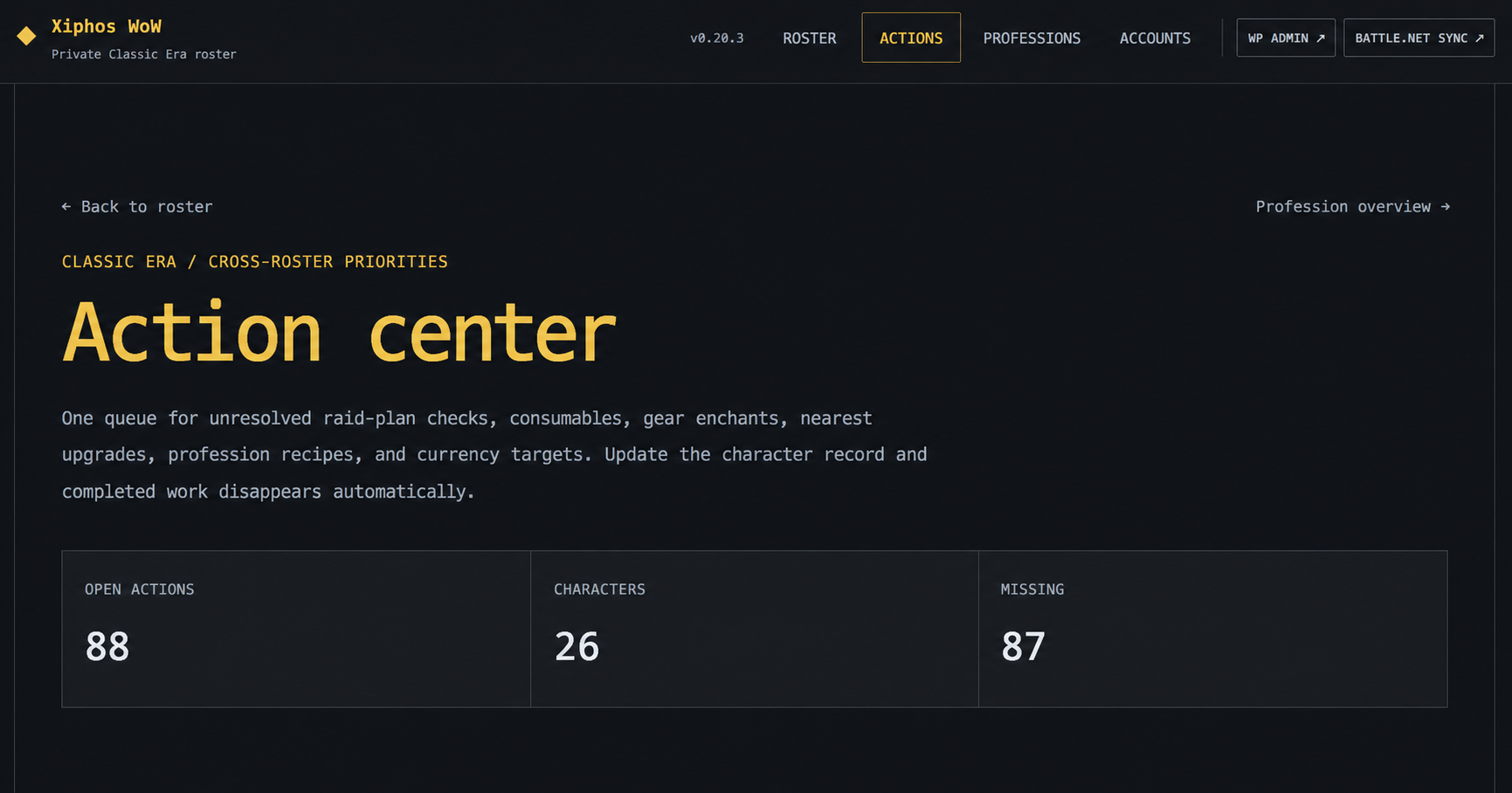 Donkere Action center-interface met totalen en zonder persoonlijke accountgegevens.