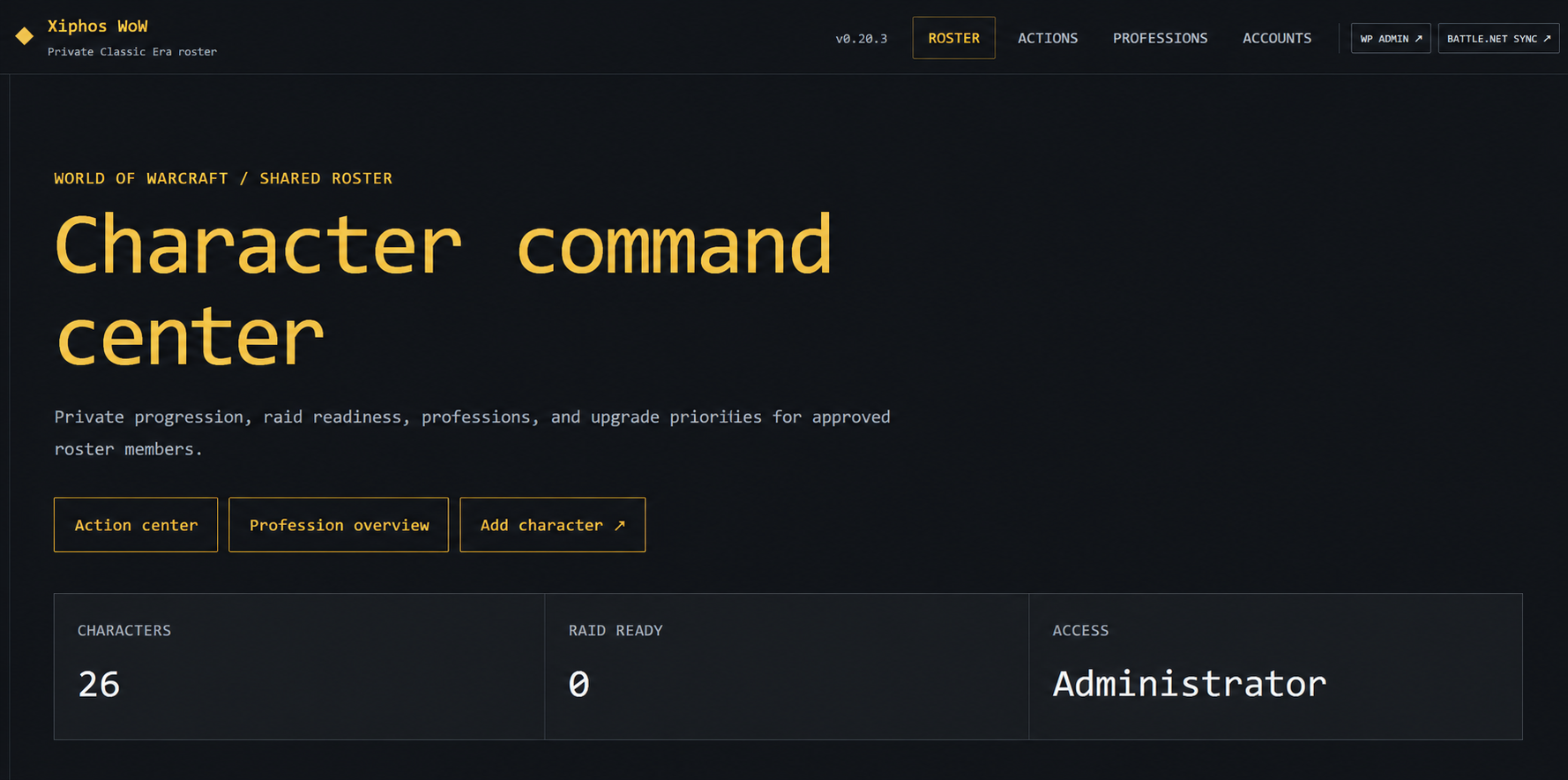 Donkere Character command center-interface met roster-samenvattingen en zonder persoonlijke accountgegevens.