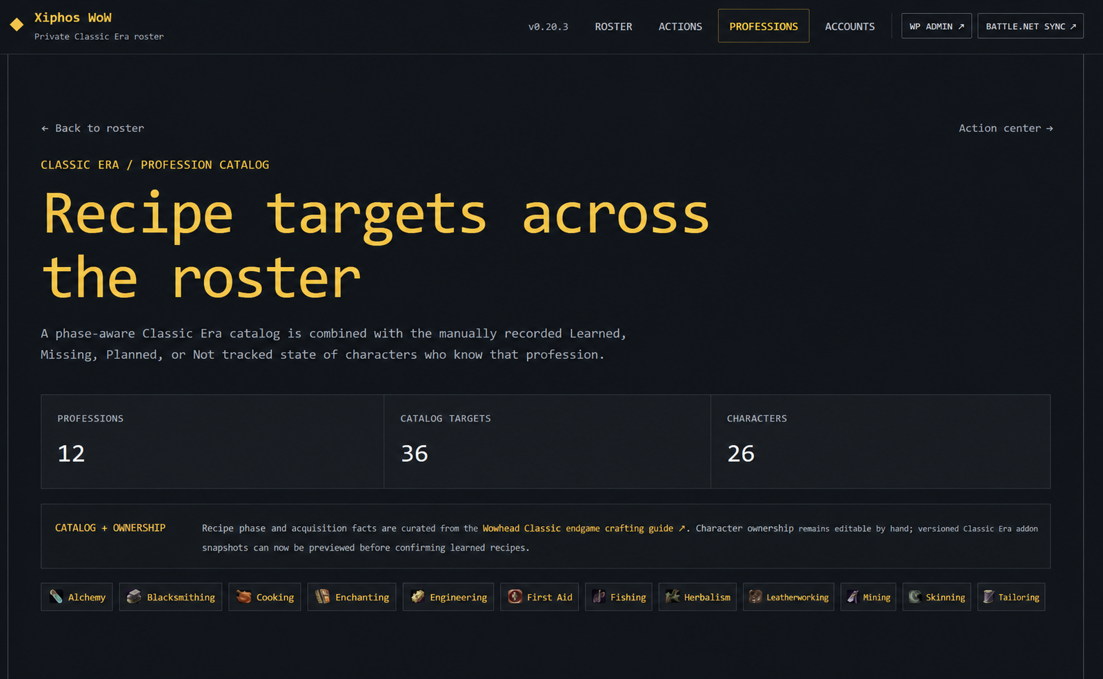 Donkere Profession catalog-interface met profession-samenvattingen en zonder character ownership.
